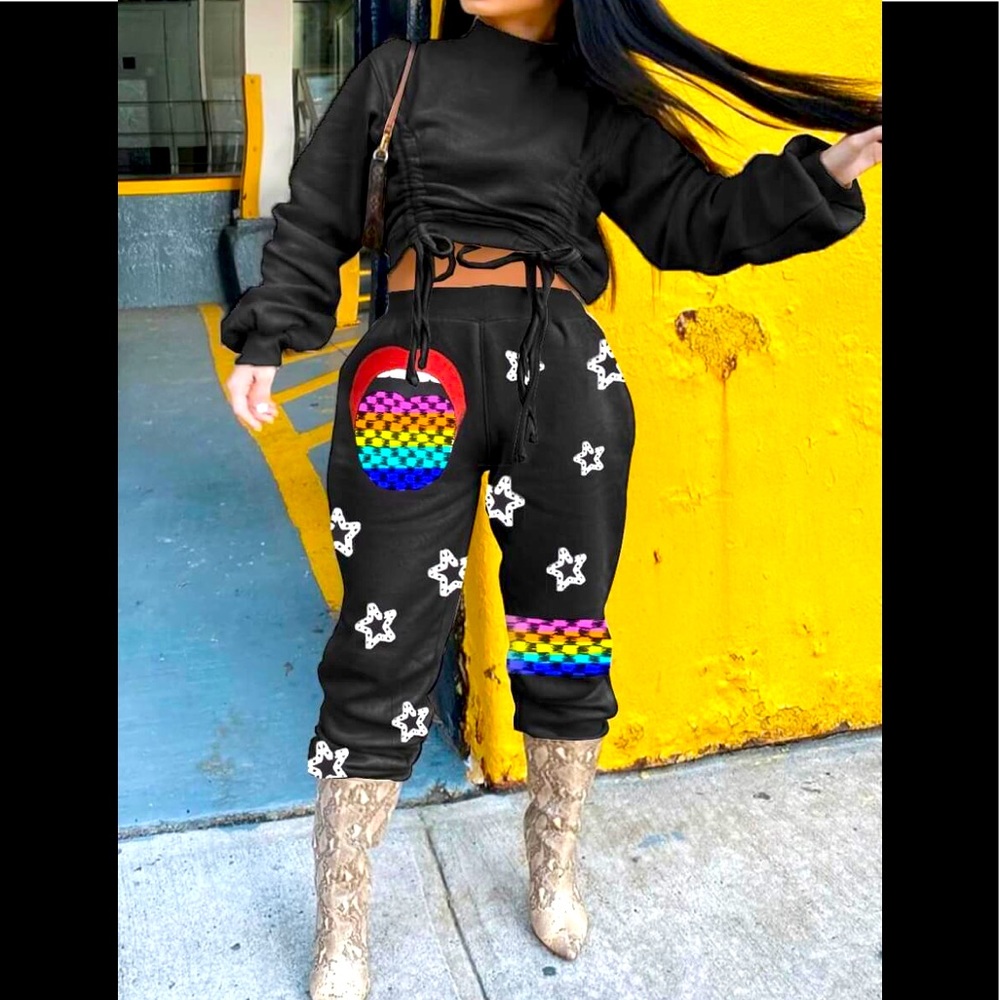 Rollin Stone Trendy Rainbow, Lips & Mouth🌈 Lips 👄  ⭐️ Stars Loose Ruched Joggers